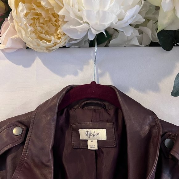 Style & Co Vintage Women Leather Like Jacket Biker Bomber Brown Burgundy Moto XL - Picture 7 of 11